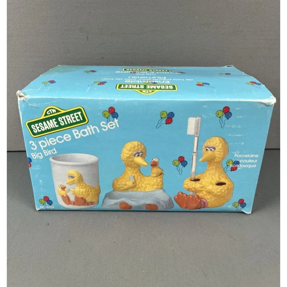Sesame Street Big Bird Ceramic Soap Dish Toothbrush Holder And Cup Set Of 3 New